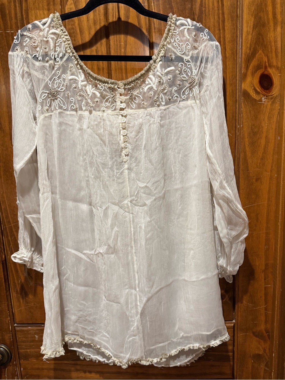 Free People Cream Sheer Embroidered Peasant Blouse